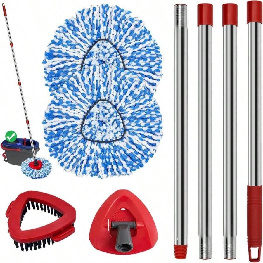 Mop Replace Heads Mop Handle And Mop Base Replacement For O Cedar EasyWring 1-Tank Spin Mop System, 2 Microfiber Mop Head Refills, 4-Section Iron Mop Handle 30-58in And 1 Mop Head Cover Set(No Bucket) - ColorC - 查看 1