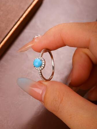 1pc S925 Niche Luxury Synthetic Turquoise Inlaid Diamond Silver Ring, Exquisite Blue Gemstone Design, Suitable For Women's Party/Daily Wear, Gift For Family And Friends, Women's High-End Jewelry