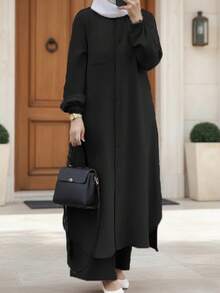 女士优雅休闲纯色纽扣设计灯笼袖长外套和阔腿裤套装，时尚休闲优雅可爱阿拉伯风格长裙两件套，适合春夏秋冬 - 黑色 - 查看 2