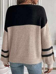 Acelitt Lässiger Rundhals-Pullover mit kontrastfarbigen gestrickten Streifendetails an den Ärmeln, geeignet für den täglichen Wintergebrauch - Verschiedenfarbig - Übersicht 2