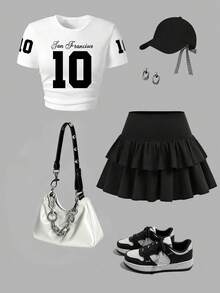 Tween Girl Cartoon Print Round Neck Short Sleeve Top And Bubble Skirt Set - White - View 1