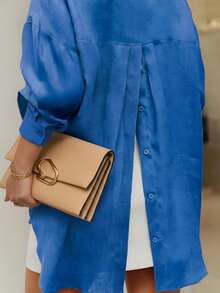 新款秋季时尚长袖纽扣衬衫，优雅女式衬衫 - 寶藍色 - 查看 4