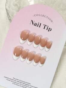 JNHK 用10片手工制作的杏仁形美甲贴片提升您的优雅气质，可佩戴的美甲贴片，粉色法式短杏仁形美甲贴片，快速美甲用品 - 粉色 - 查看 11