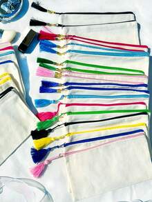 1个/5个/10个装帆布拉链带流苏收纳袋,旅行化妆包,化妆品收纳包,铅笔盒,适合度假、海滩、浴室、卧室使用,大容量 - 米色 - 查看 3