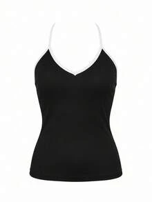 FlowZen Damen Neuer Kontrast-Farbiger V-Ausschnitt Rippenstrick Trägerhemd, Dehnbarer figurbetonter dünner Träger Yoga Top, Sexy Layering Trägerhemd, Lässiges Fitness Sport Tanktop, Geeignet für Valentinstag Date, Yoga Training, Alltag Lässig, Date Outfit, Neujahrausflug, Frühling Layering, Treffen mit Freunden - Schwarz und Weiss - Übersicht 7