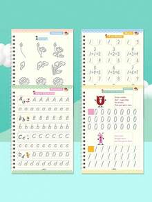 4 piezas Cuadernos reutilizables de práctica de escritura mágica para niños de 3 a 6 años - Set de aprendizaje preescolar que incluye letras, números, artes y matemáticas - Con bolígrafo ergonómico, agarre y 10 recargas - Multicolor - Ver 10