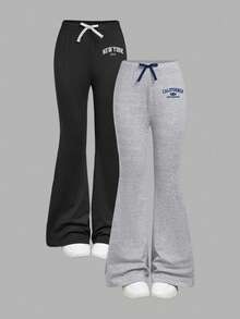 2pcs Girls Casual Sports City Letter Print Drawstring Flare Pants Set, Autumn/Winter