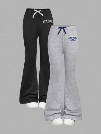 2pcs Girls Casual Sports City Letter Print Drawstring Flare Pants Set, Autumn/Winter