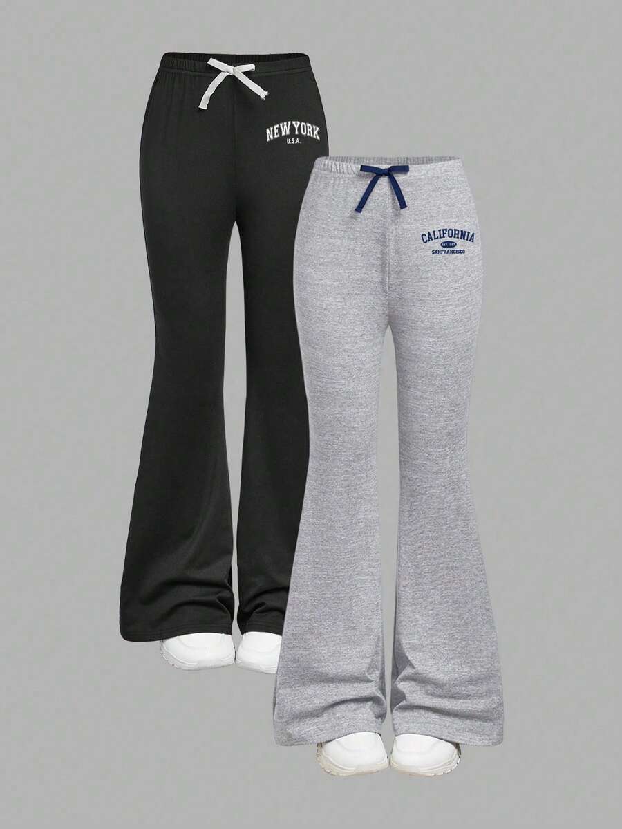 2pcs Girls Casual Sports City Letter Print Drawstring Flare Pants Set, Autumn/Winter