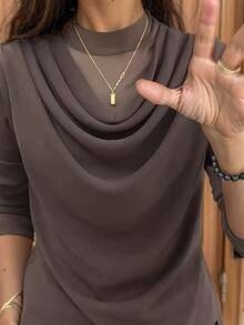 2025 Autumn/Winter Women Long Sleeve Stand Collar Casual Slim Fit T-Shirt, Layered Mesh Decor, Elegant And Versatile