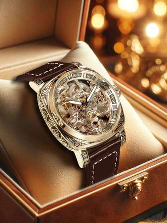 ROMITIME 1pc Waterproof Luminous Watch For Men With Hollow Skeleton Tourbillon Automatic Mechanical Men's Watch Wear-Resistant Comfortable PU Leather Strap Fashion Business Luxury Sporty Classic Simple Casual Self Winding Men Automatic Mechanical Watch Suitable For Halloween, Christmas,Father's Day,Valentine's Day,Students,Festivals,Dating,Business, Daily,Gifts