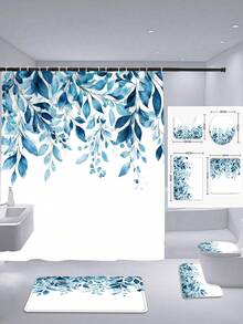 1/3/4-Piece Shower Curtain Bathroom Set, Simple Blue Leaf Pattern, Waterproof And Durable Accessories, With 12 Hooks - Includes Toilet Seat Cover, Bath Mat And Rug - Non-Slip Polyester Fabric - Washable - Perfect For Holiday Decorations, Home/Bedroom/House/Western Style Decor. - Multicolor - View 9