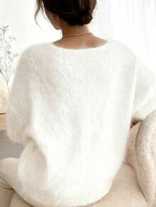 Women's V-Neck Solid Color Fine Velvet Knit Sweater - White - View 2