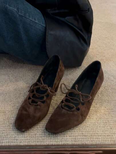 Vintage Suede Square Toe High Heel Shoes, Hollow Lace-Up Mary Jane Pumps, Chunky Heel