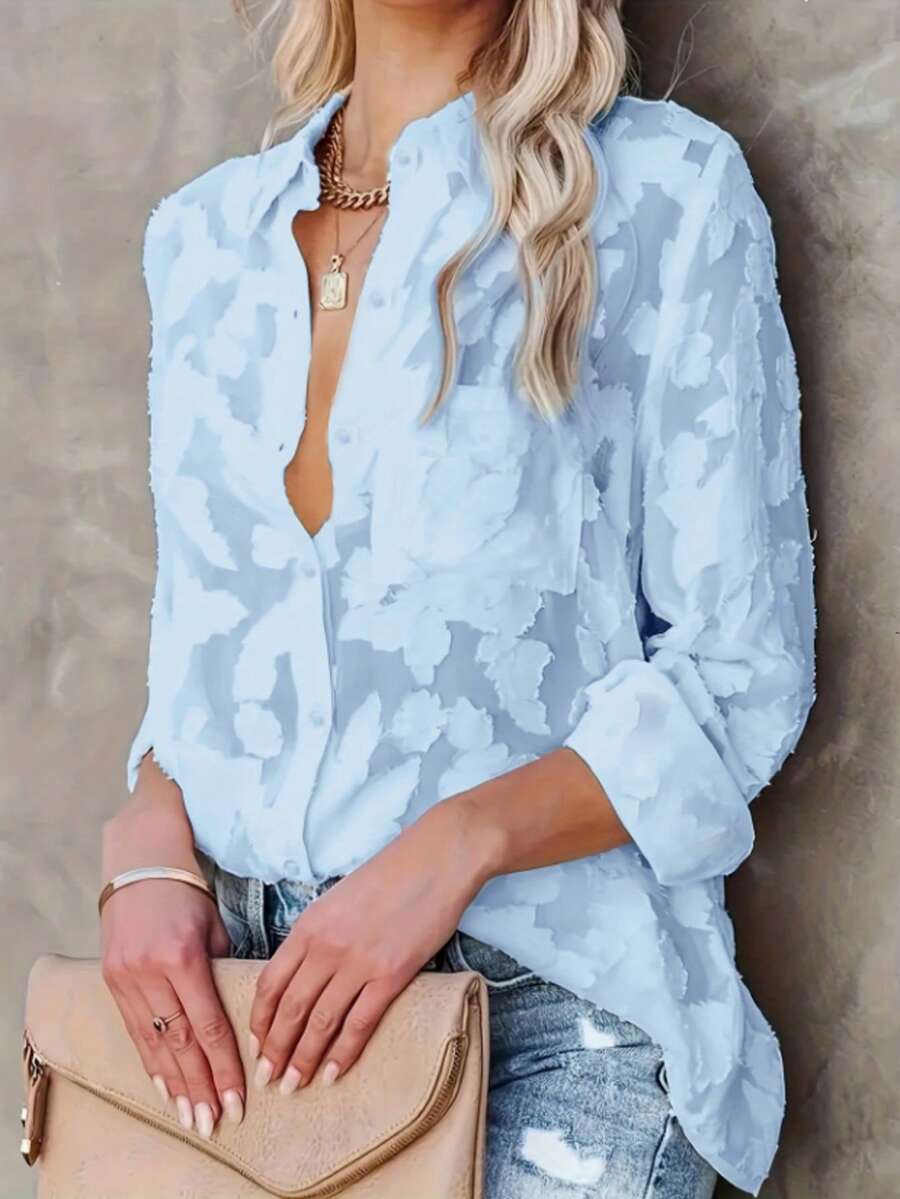 Plus Size Women Casual Vacation Jacquard Shirt, Loose Textured Blue Long Sleeve Blouse, Suitable For Back To School, Daily Wear, Vacation Travel, Autumn