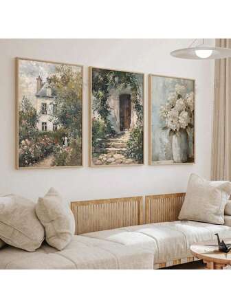 Set Of 3 No Frame Vintage Cottage Rose Garden Hydrangeas Canvas Painting Print, Rustic Flower Wall Art, Botanical Canvas Poster, Neutral Spring Wall Decor, Ideal Gift For Living Room, Bedroom, Office, Dorm, Cafe, Bar, Hallway, Home And Room Decoration, Unframed