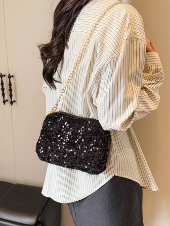 Fashionable New Sequin Shoulder Bag, Versatile Chain Strap Small Square Bag For Women