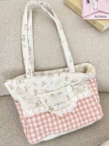 1 Stück süße Spitzen-Karo-Patchwork-Schultertasche, süße Karo-Cartoon-Muster Damen-Multifunktions-Handtasche, große Kapazität Handtasche, Schultertasche, Pendler-Tasche, Urlaubstasche, Damen-Mode-Handtasche, perfekt für Mädchen und weibliche College-Studentinnen zum Einkaufen und Reisen, perfekt für Urlaub und Festivals, Urlaubsgeschenk für beste Freundinnen - Verschiedenfarbig - Übersicht 8