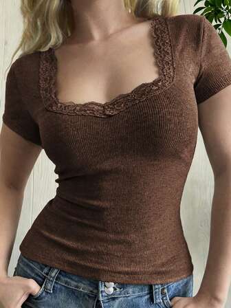 Y2K 女士 T 恤纯色修身性感短袖蕾丝上衣