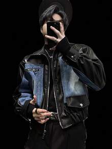 Spring And Autumn Vintage Patchwork Denim Jacket, Men's Niche Splicing Design Korean Short Jacket Casual Top - 黑色 - 查看 3