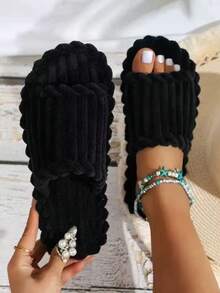 New Stylish And Simple Striped Open-Toe Cotton Slippers For Indoor Use, Perfect For Couples. - Black - View 8