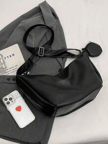 美拉德色时尚休闲女士单肩斜挎包，带零钱包，柔软PU皮革，适合日常通勤 - 黑色 - 查看 6