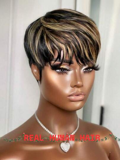 Women's Pixie Short Wig, 1B30 Human Hair Short Wig, 9A Grade Human Hair Short Wig With Bangs, Lace-Free Pixie Short Wig, Glueless Human Hair Wig, 150% Density, Gift For Valentine's Day, Christmas, Daily Wear