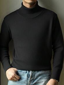 男士高领罗纹针织纯黑色长袖毛衣 - 黑色 - 查看 2
