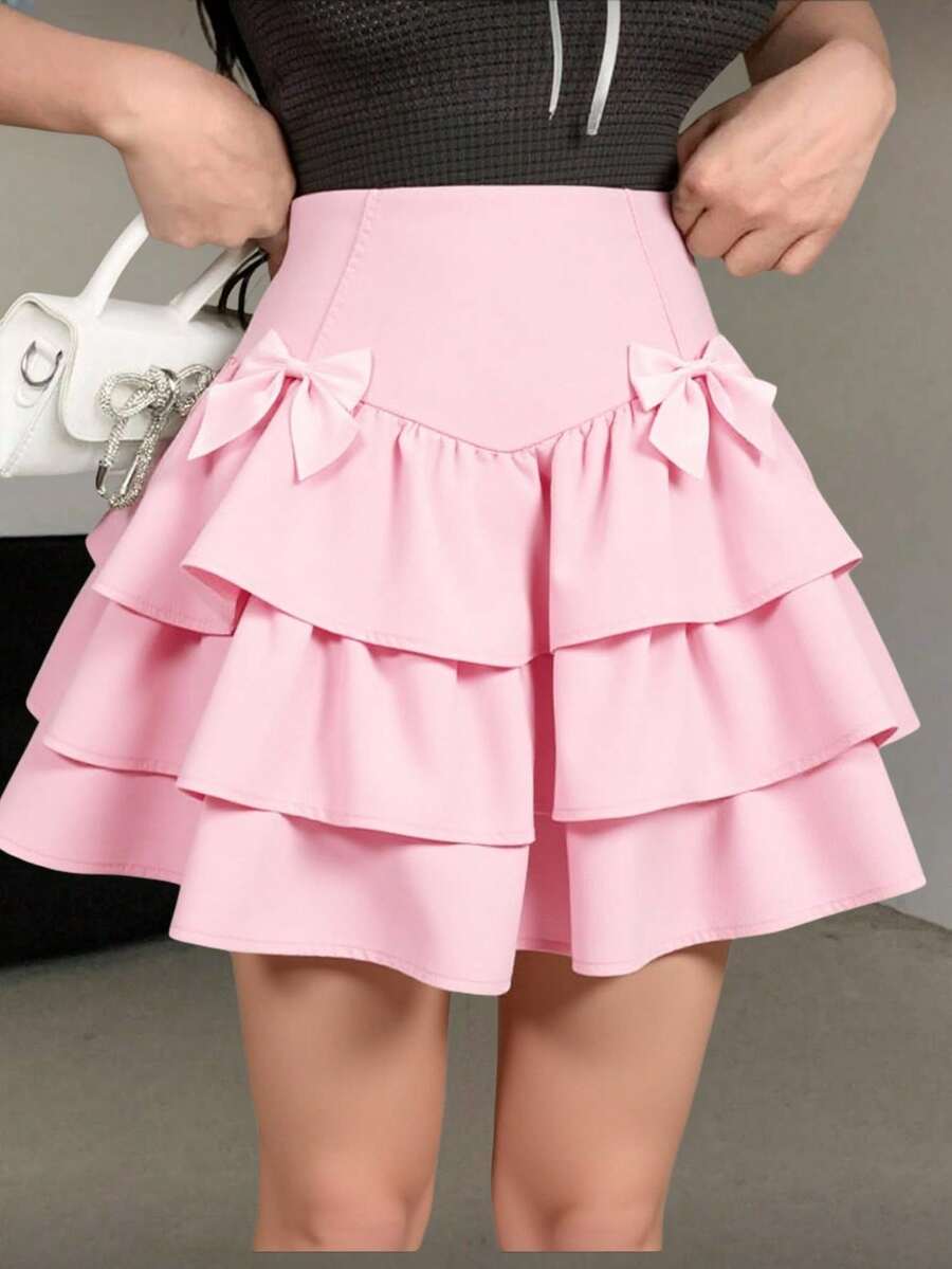 Women's Fashion Skirt, Solid Color, Double Layer With Ruffle, Casual Elegant, Layered, Butterfly Knot, Ruffled Hem, Beach, Vacation - 粉色 - 查看 1