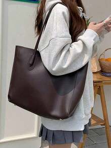 Dark Brown Faux Leather Tote Bag Set With Matching Zipper Pouch, Stylish Large Capacity Minimalist Shoulder Bag, Versatile Top Handle Tote For Daily Commute, Work, Shopping & School, Classic Solid Color Handbag For Women - Coffee Brown - View 4