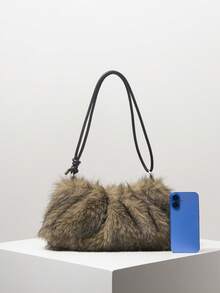 Random Pattern Tote Bags For Ladies, Shoulder Bag, Fur Purse, Brown Purse, Hobo Bag, Ruched Bag Work Bag Women, Gifts For Women, Suitable For Autumn/Winter, Daily, Dating, Shopping, Work, Afternoon Tea - Brown - View 3