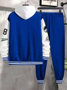 2pcs/Set Tween Boy Casual Patchwork Fleece Baseball Jacket And Drawstring Fleece Sweatpants Set, Autumn/Winter - Blue - View 2