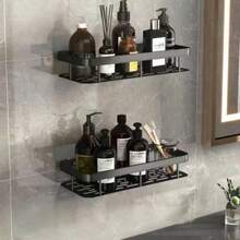 2pcs Bathroom Triangle Storage Rack, Rust-Proof Adhesive Mount With Hooks, Bathroom Organizer Shelf