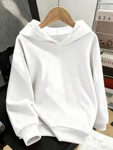 Tweed Girl One-Piece Girl's Casual Solid Color Pullover Hooded Sweatshirt Autumn And Winter Student Young Children's Clothing Long-Sleeved Sweatshirt Suitable For Autumn And Winter - White - View 1