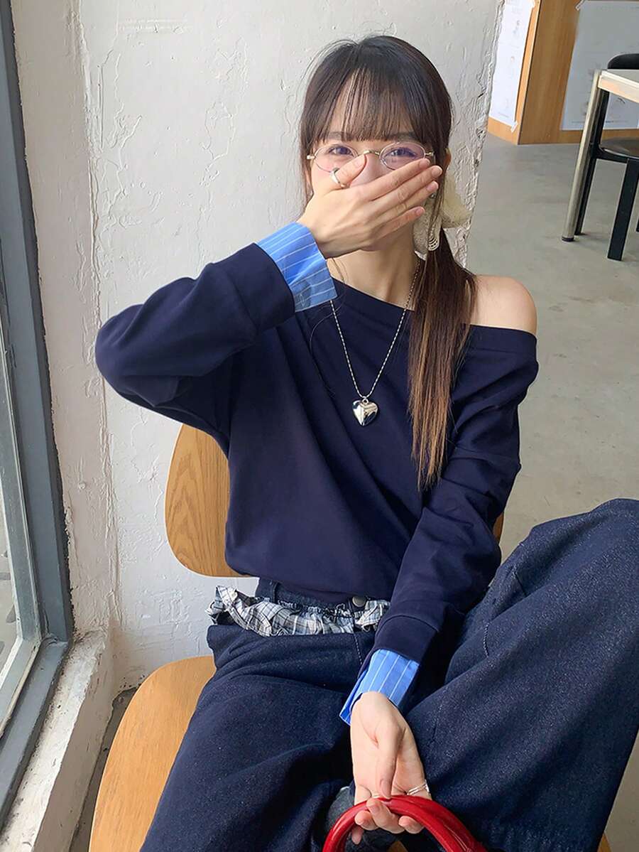 女士休闲条纹拼接不对称肩部T恤，秋冬款 - 藏青色 - 查看 1