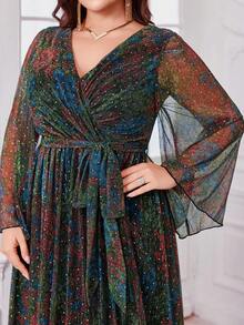 V领喇叭袖亮片拼接优雅派对晚会伴娘礼服