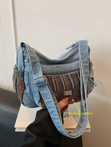 New Casual Chic Multi-Layered Soft Denim Shoulder Bag With Multiple Pockets, Versatile, Suitable For Work, Shopping And Travel. - Camel - View 6