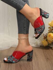 Women's Chunky Heel Open Toe High Heel Mules, Embroidered Fashion High Heel Sandals, Plus Size - Red - View 5
