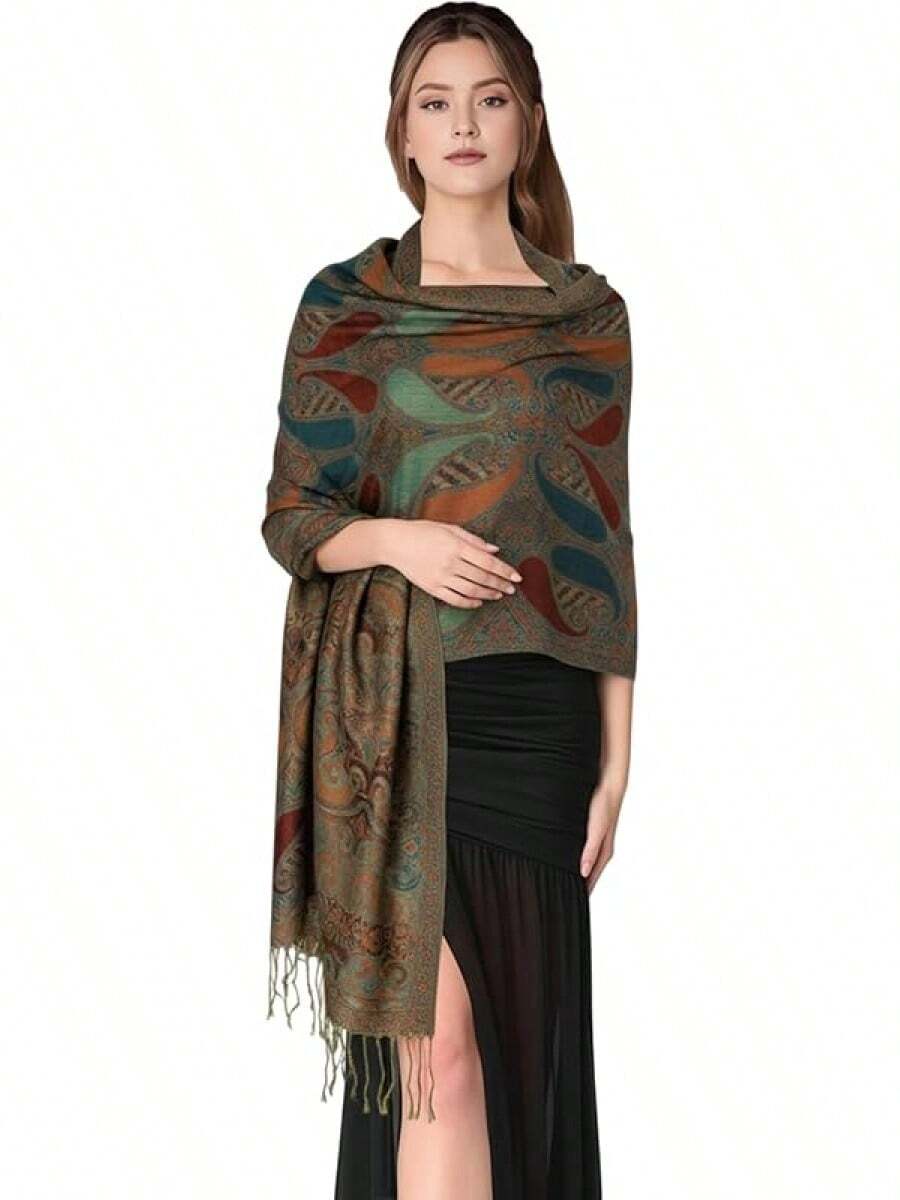 Paisley Pashmina Scarf For Women PASKMLNA - A18-3mocha-bluish Green - View 1