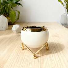 1pc Nordic Round Vase For Succulents Ornament Small Ceramics Flower Pot With Tray Golden Polka Dot Metal Base Modern Simple Home Gardening Containers Modern Decorative Plant Pot Decoration - White - View 6