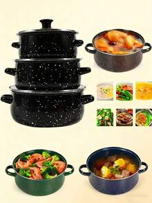 3pcs Enamel Cookware Set, Non-Stick Pots & Pans Set, Enamel Cooking Pot Set With Glass Lid, Multi-Purpose Durable Enamel Pot Set For Home Kitchen, Suitable For Gas & Induction Cooktop