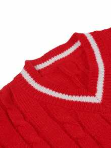 1pc Teen Girls Elegant Fashion Daily Commute School Casual Comfortable Retro Colorblock V-Neck Pullover Sweater, Spring/Autumn/Winter - Red - View 3