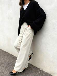 大码女士优雅V领罗纹针织毛衣，百搭款式，适合度假、休闲、居家、上学、日常、派对、办公等场合，秋冬季黑色 - 黑色 - 查看 4