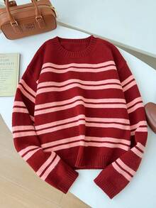 1 pieza Suéter holgado de punto de cuello redondo casual con rayas y contraste de color para mujer, jersey amplio, versátil y minimalista de manga larga - Multicolor - Ver 2