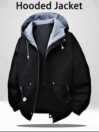 Plus Size Men's Long Sleeve Lightweight Hooded Jacket, Casual Outdoor Zipper Pocket Windbreaker, Couple Style