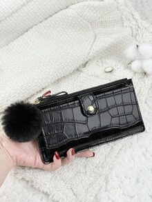 SOUTHLAND&KANGAROO With A Pom-Pom Charm,Crocodile Embossed Fold Over Long Wallet Women Fashion Modern Business Slim Portable Versatile Large Capacity Credit Card Zipper ID Card Money Cash Storage Business Casual Perfect School College Work Business Commute Teachers' Day Back To School Holiday Office Anniversary Lover For Birthday Gift Women White-Collar Workers College Student,Bag School Supplies For School Dorm Room & Back To School - Black - View 11