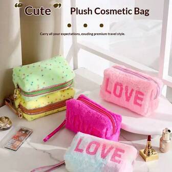 1pc Fashionable Portable Fluffy Makeup Bag Love Storage Bag Multifunctional Cute Makeup Bag For Travel Valentine's Day Gift For Girls