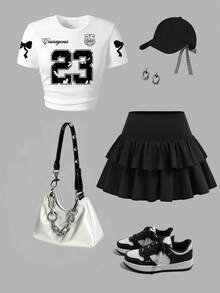 少女数字印花圆领短袖上衣和泡泡裙套装 - 白色 - 查看 1