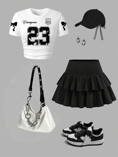 少女数字印花圆领短袖上衣和泡泡裙套装