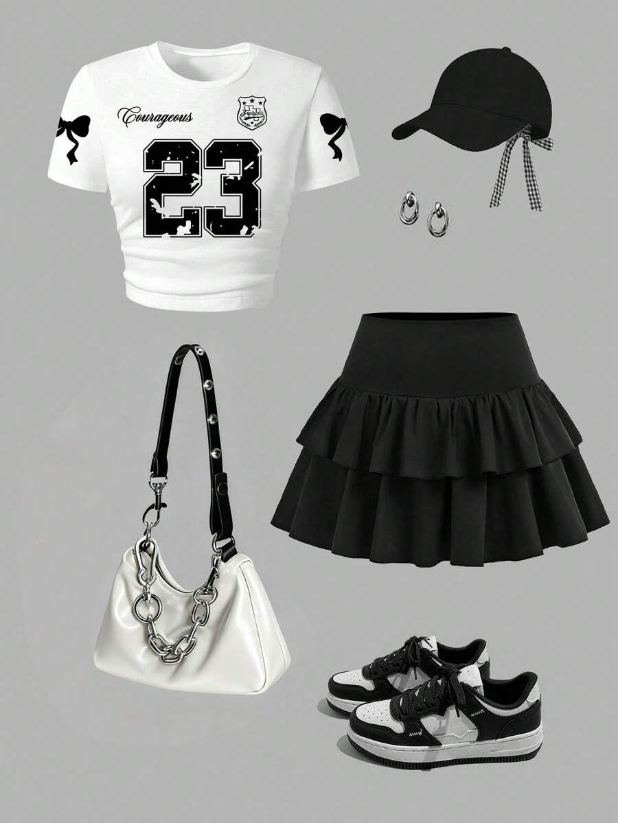 少女数字印花圆领短袖上衣和泡泡裙套装 - 白色 - 查看 1